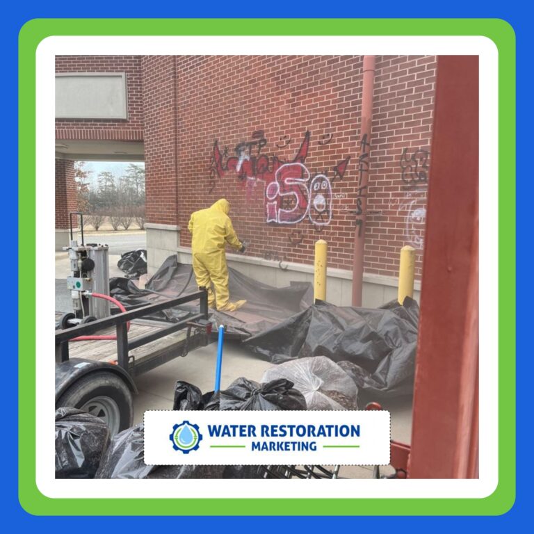 Worker in yellow suit cleaning graffiti from a wall