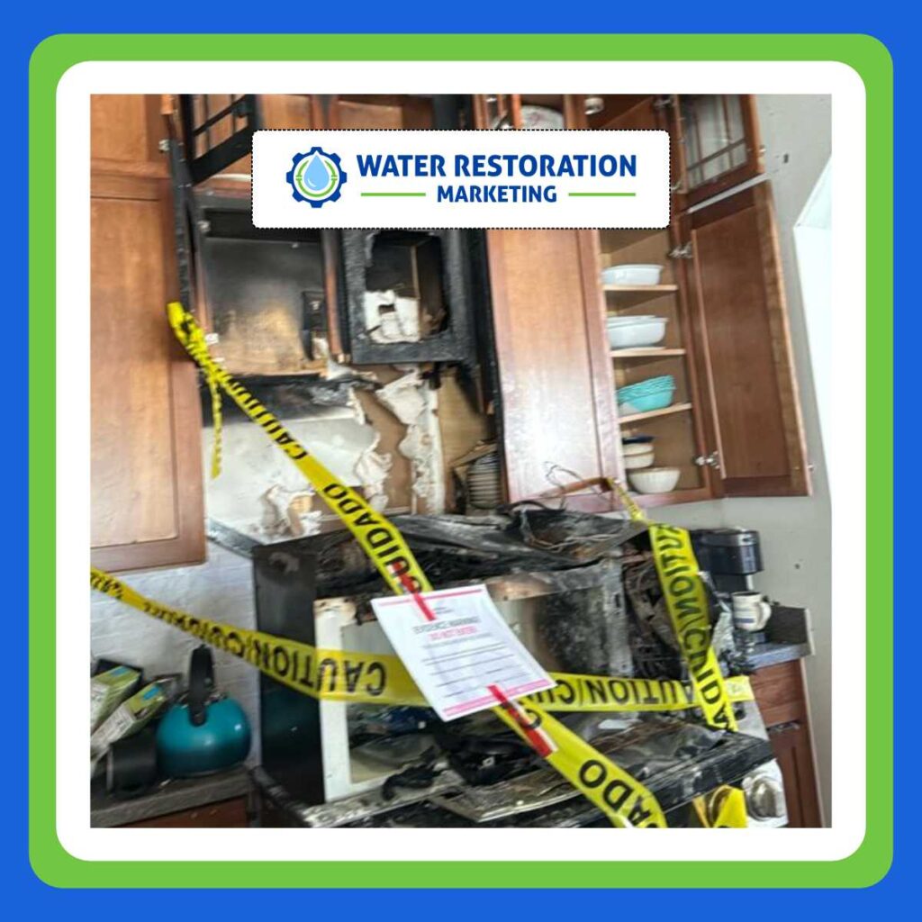 Kitchen damage with caution tape from fire damage.