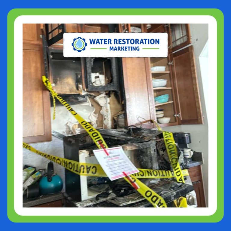 Kitchen damage with caution tape from fire damage.