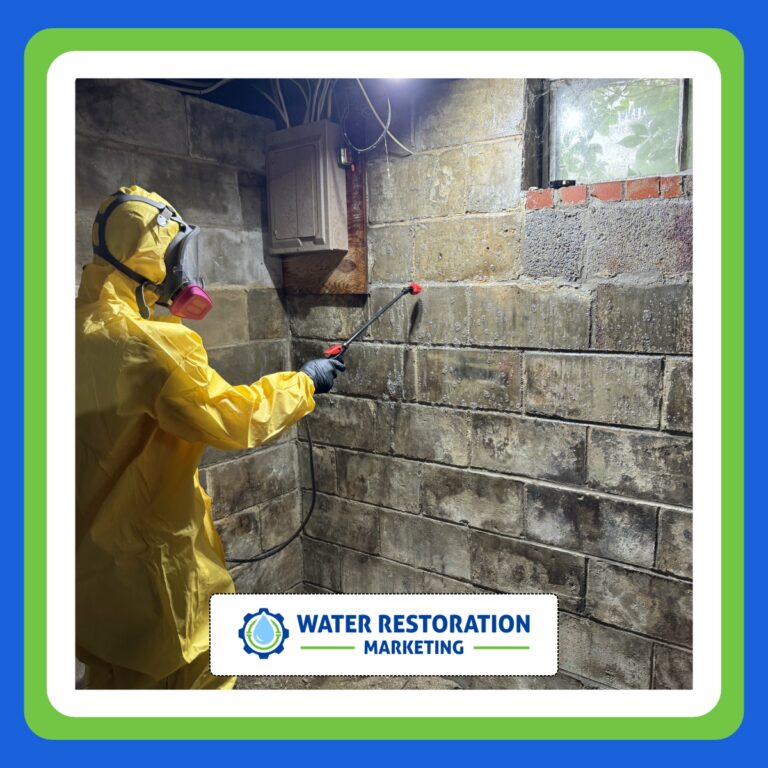 Professional worker in a protective suite attending to mold growth