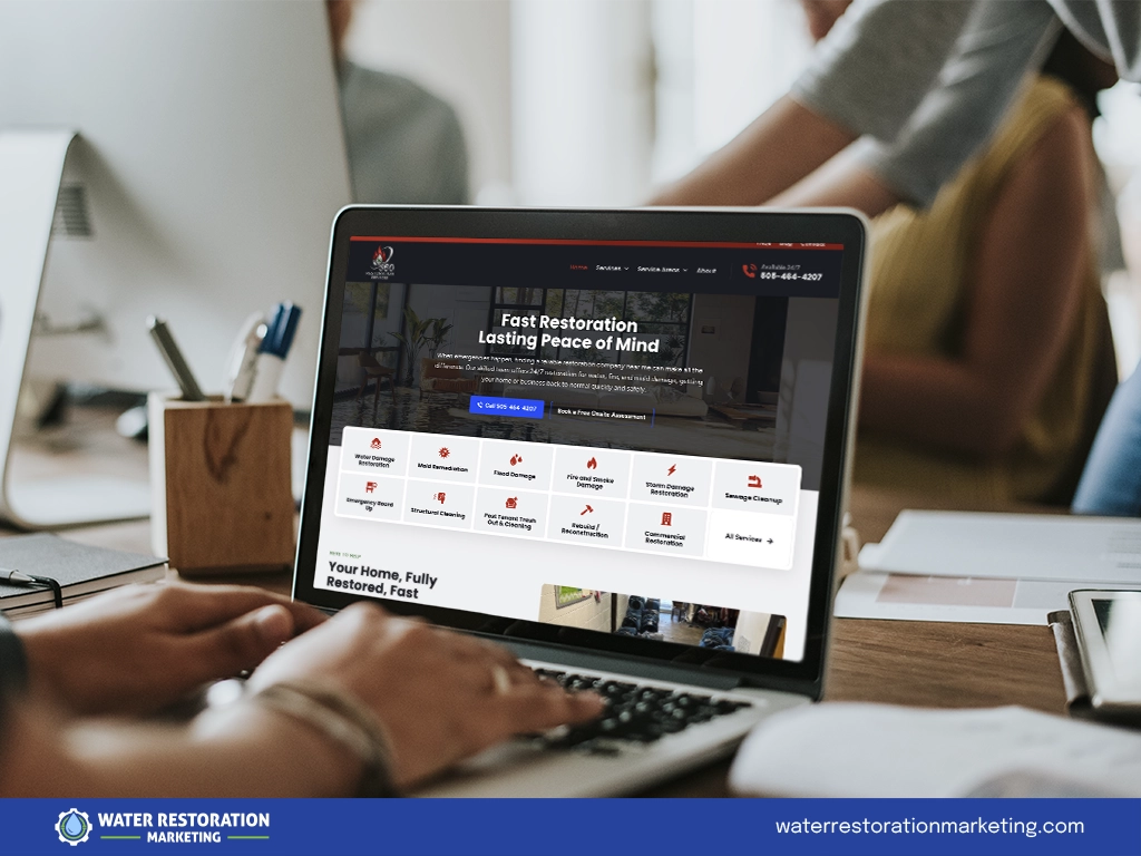 Laptop on a table with client's website homepage pulled up