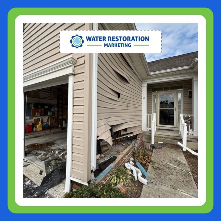 Damaged house exterior from water restoration
