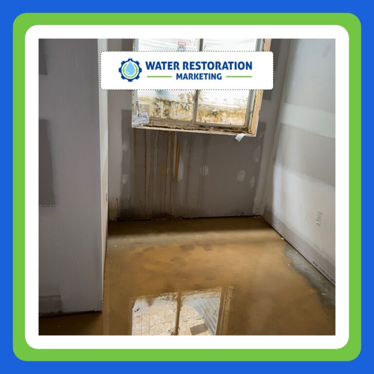 Flooded room with water damage visible.