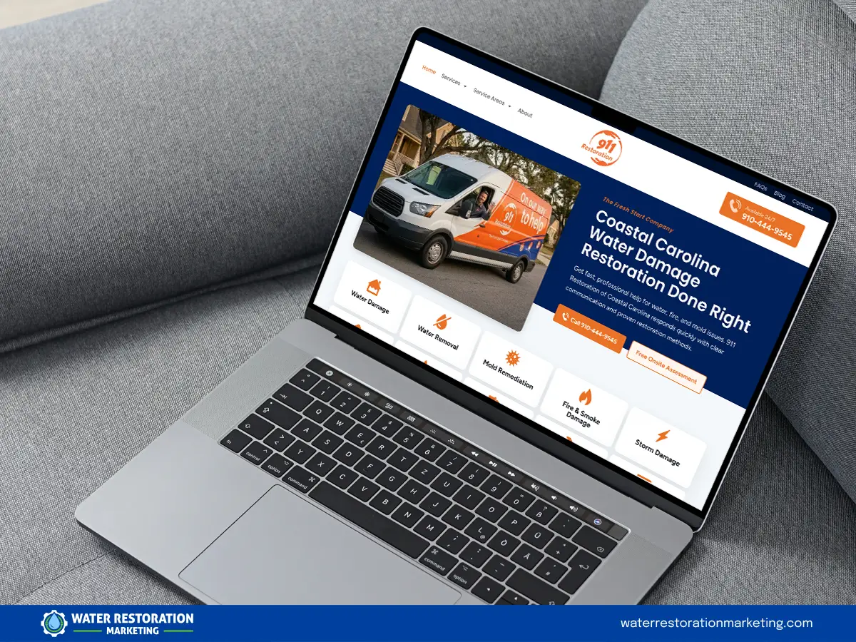 Laptop on a table with client's website homepage pulled up