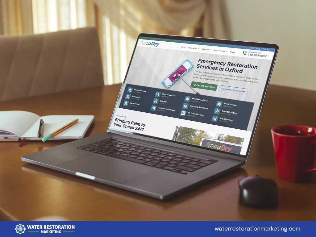 Laptop on a table with client's website homepage pulled up