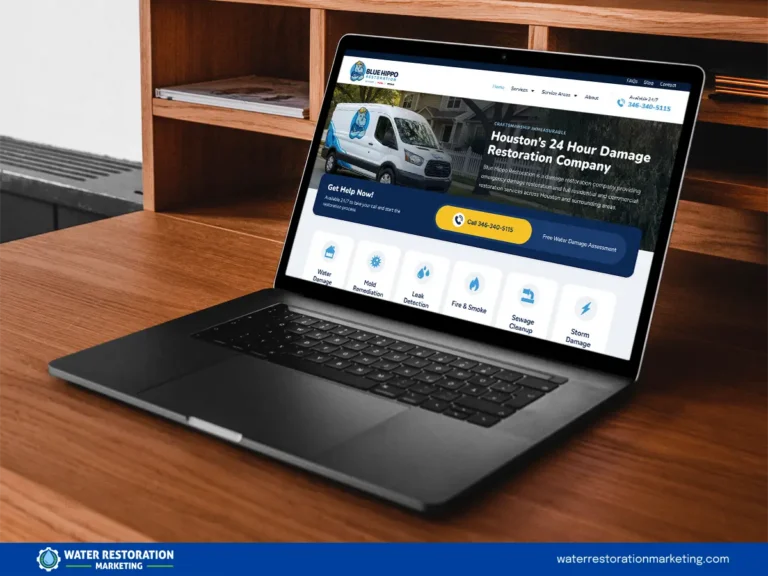 Laptop on a table with client's website homepage pulled up