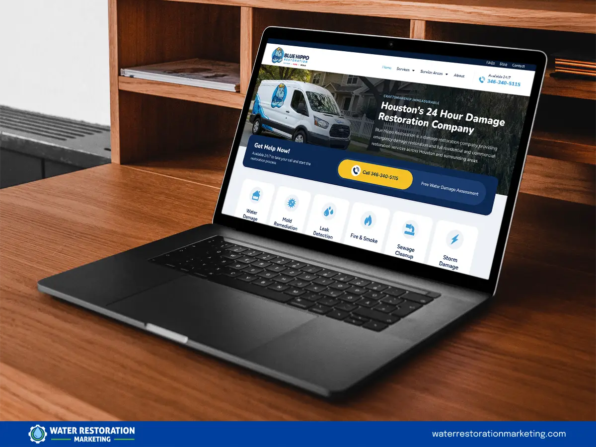 Laptop on a table with client's website homepage pulled up