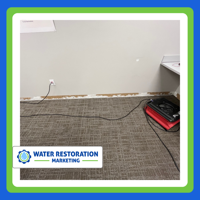 Wet carpet with restoration equipment visible.