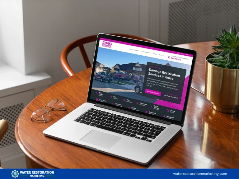 Laptop on a table with client's website homepage pulled up