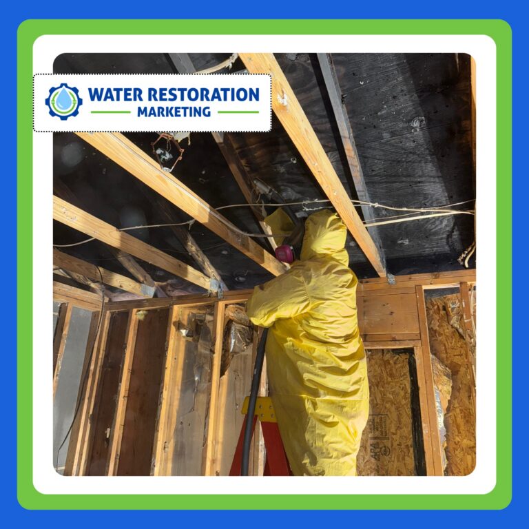 Worker in protective gear inspecting damage