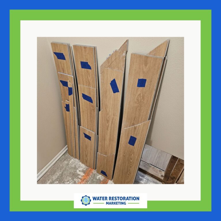 Damaged flooring panels stacked against wall.