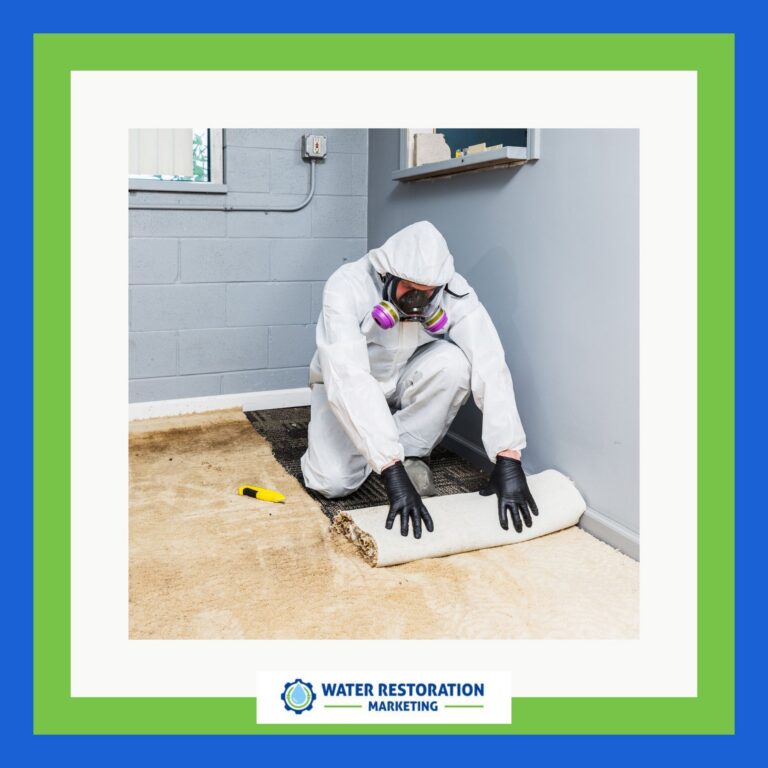Worker removing damaged carpet indoors