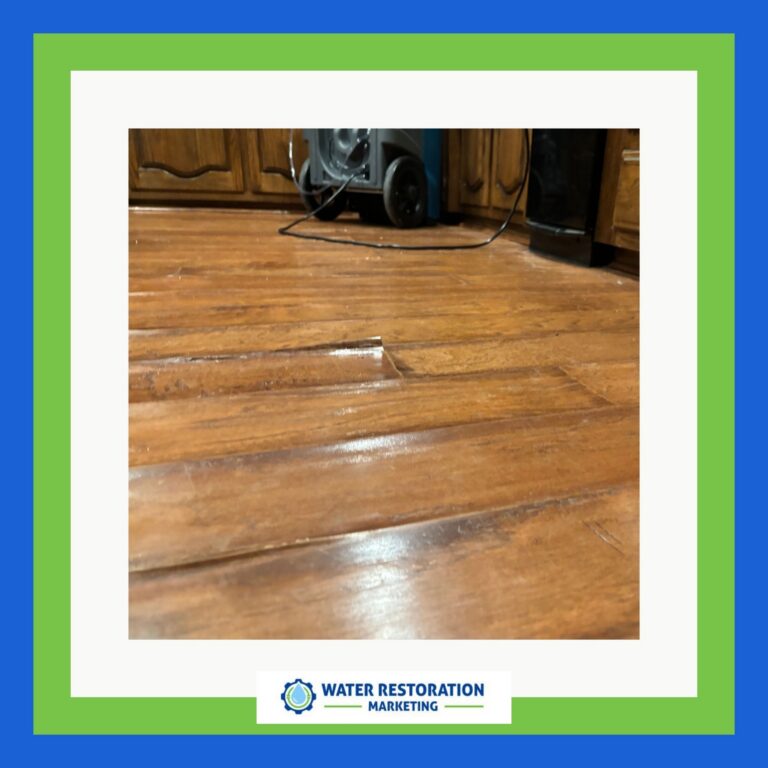 Water-damaged wooden floor with equipment