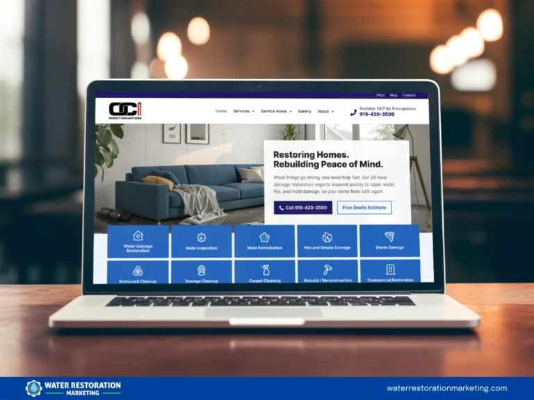 Laptop on a table with client's website homepage pulled up