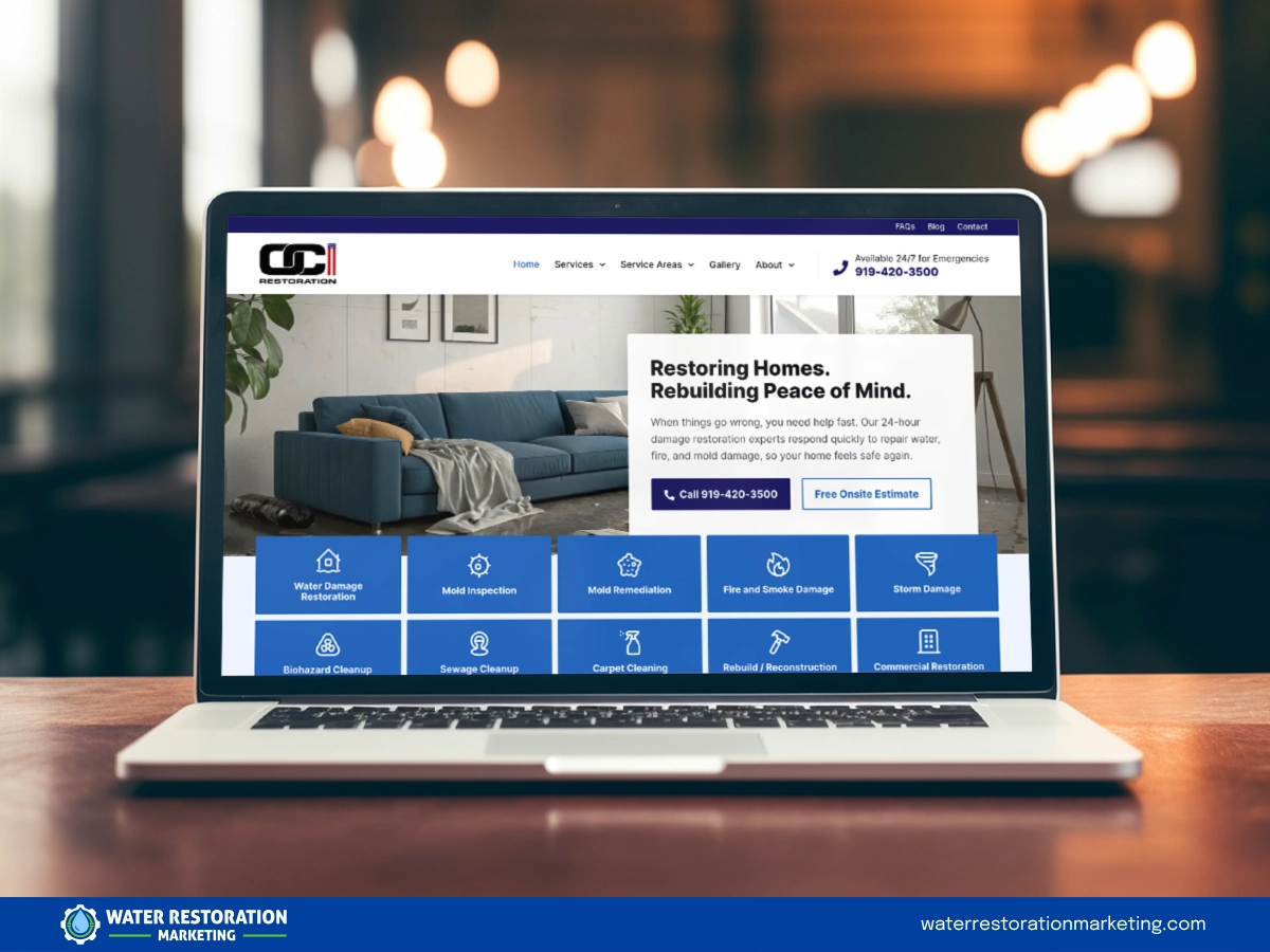 Laptop on a table with client's website homepage pulled up