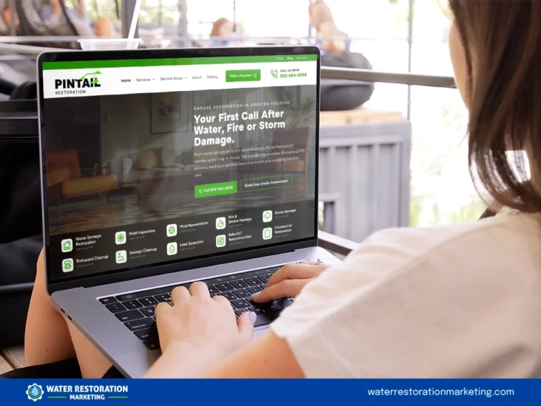 Laptop on a table with client's website homepage pulled up