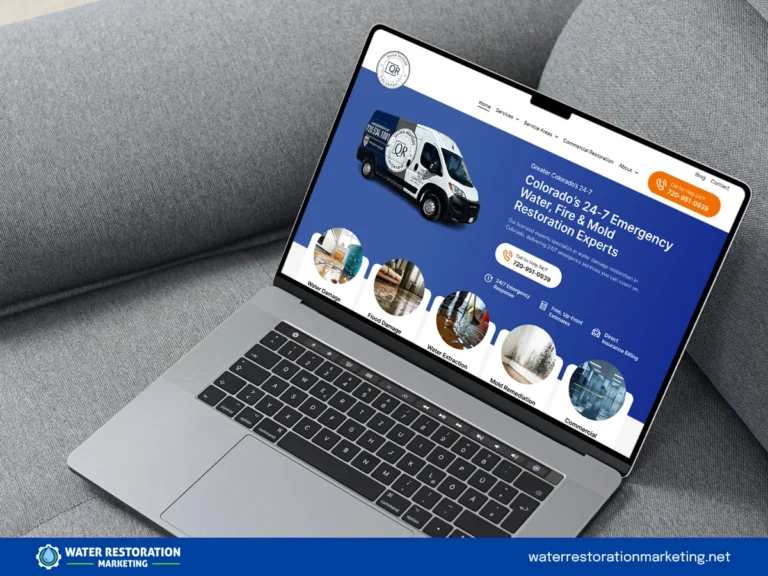 Laptop on a table with client's website homepage pulled up