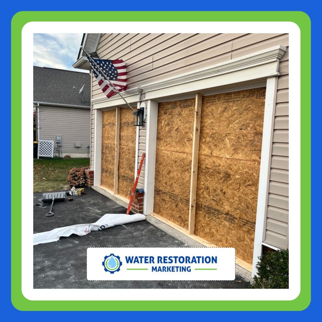 Boarded windows with American flag