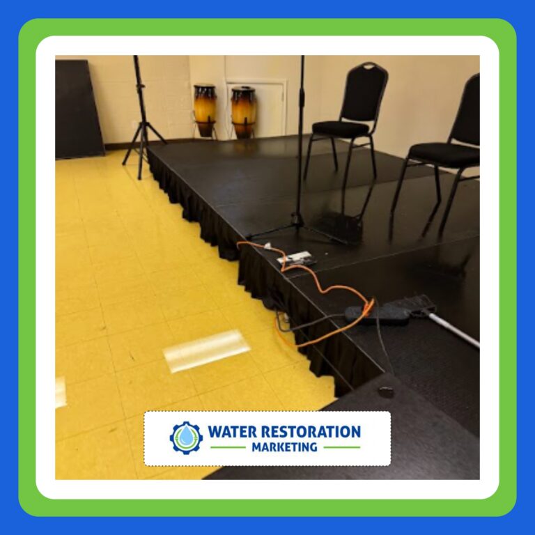 Empty stage with chairs and equipment.