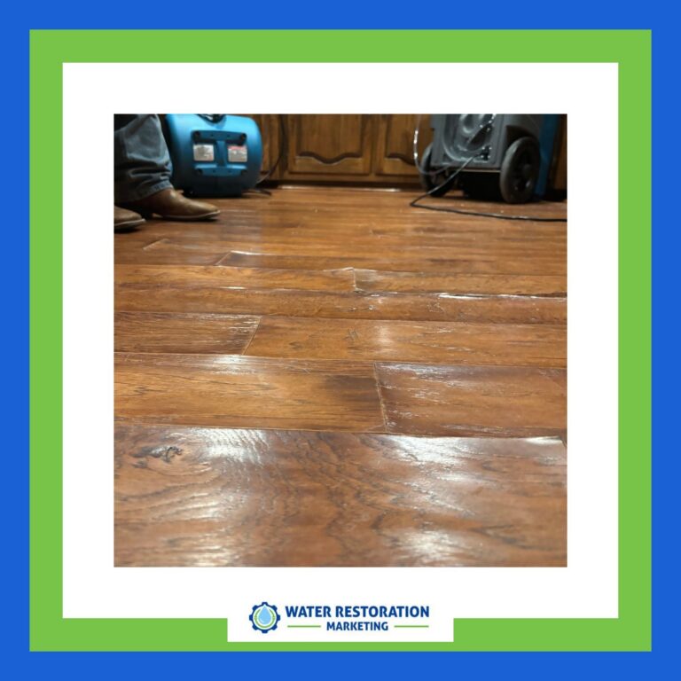 Wet wooden floor with restoration equipment.