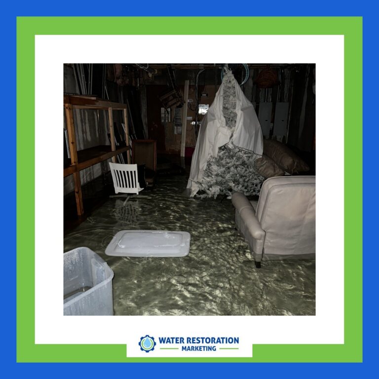 Flooded room with furniture and debris