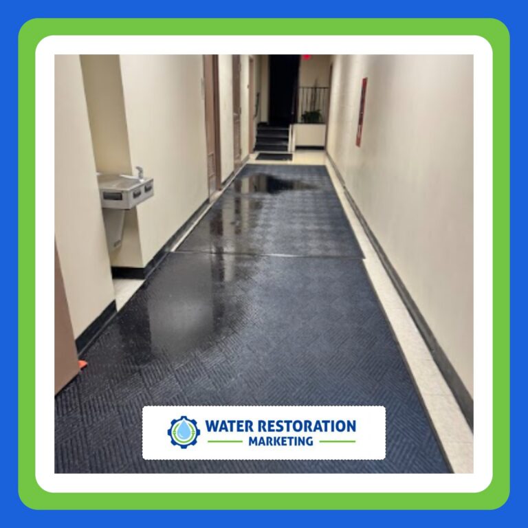 Wet hallway with water restoration equipment.