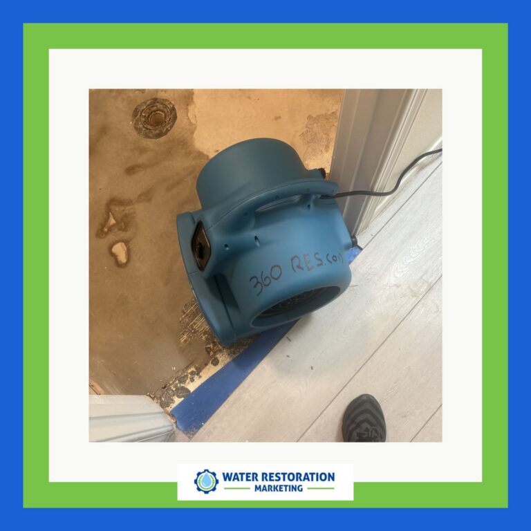 Blue water restoration equipment on floor