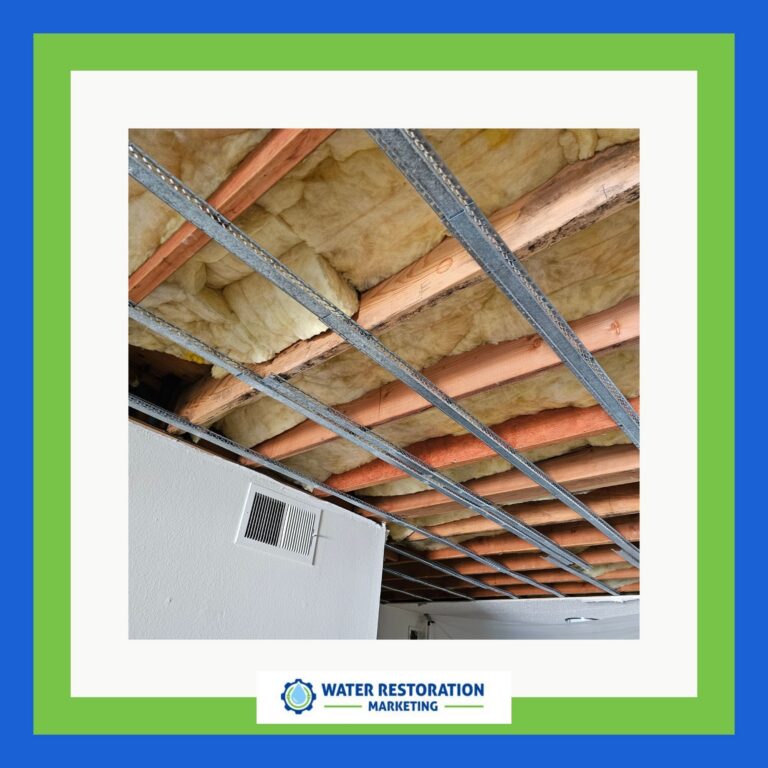 Exposed ceiling with insulation and beams.