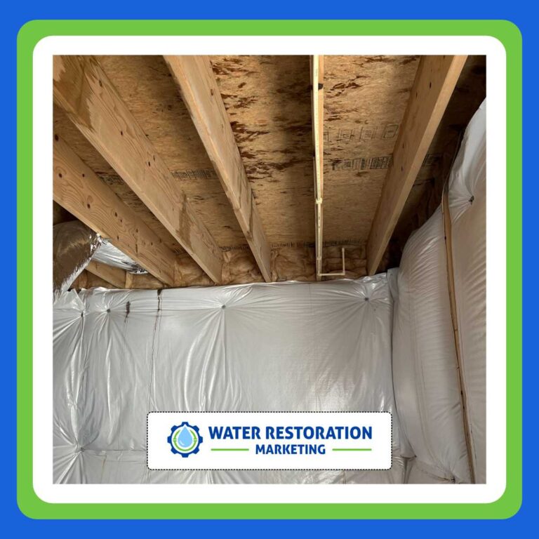 Exposed beams in water-damaged area.