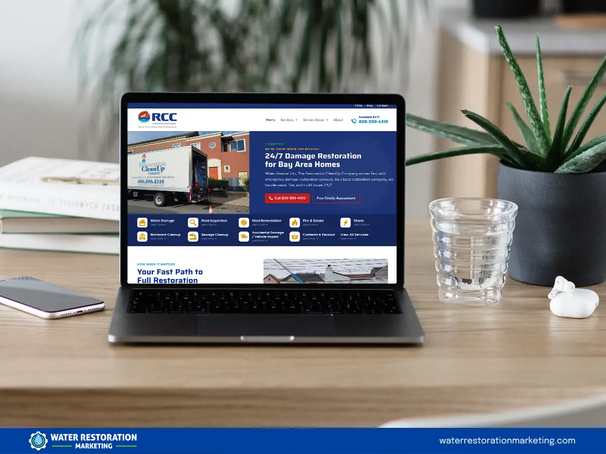 Laptop on a table with client's website homepage pulled up