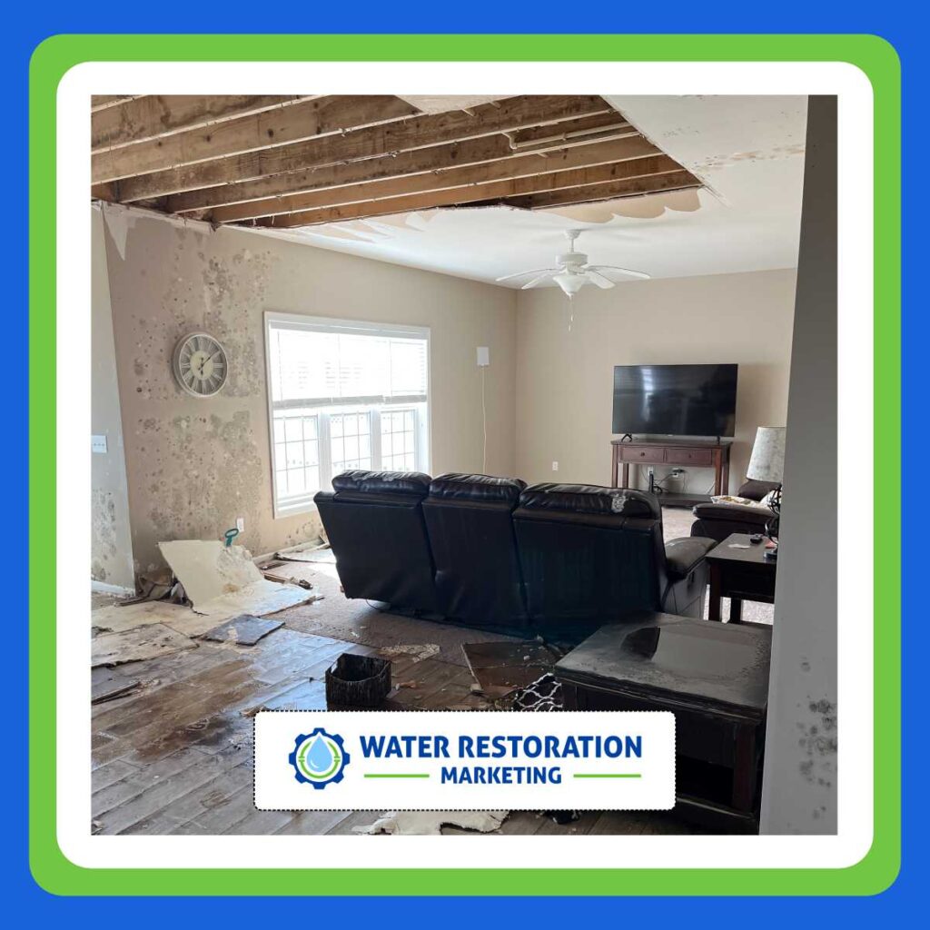 Damaged living room from water restoration