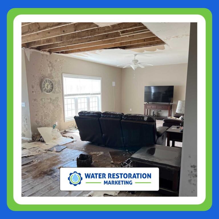 Damaged living room from water restoration