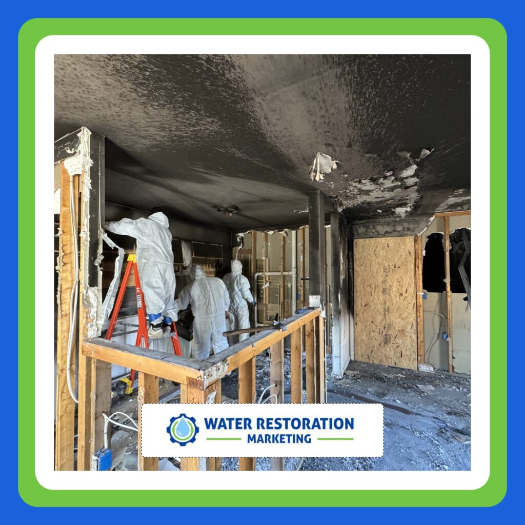 Restoration workers in damaged interior space