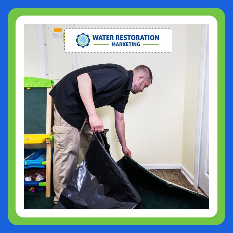 Man removing carpet in water restoration