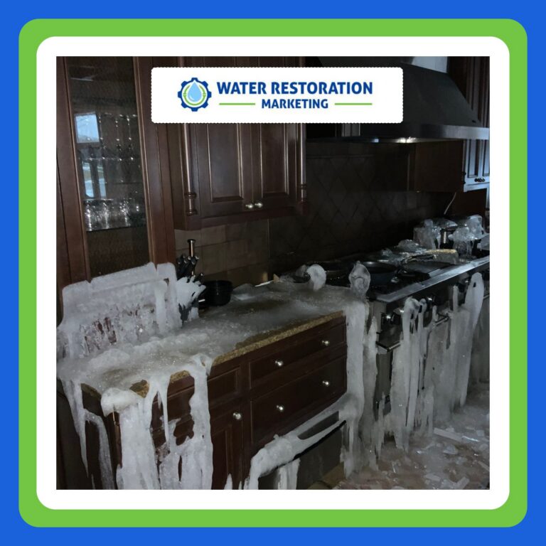 Kitchen with severe water damage and ice