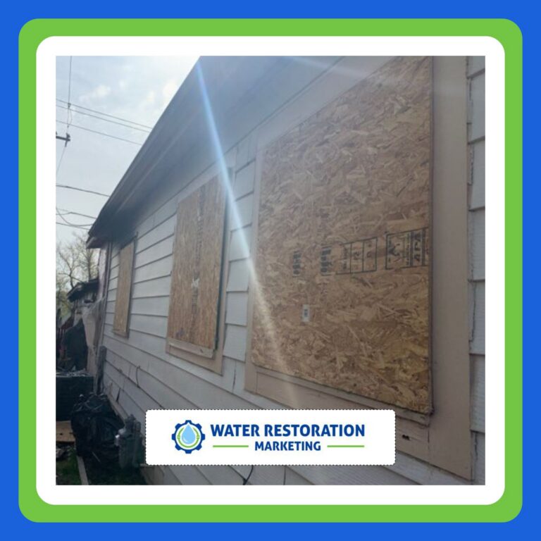 Boarded windows on a damaged house.