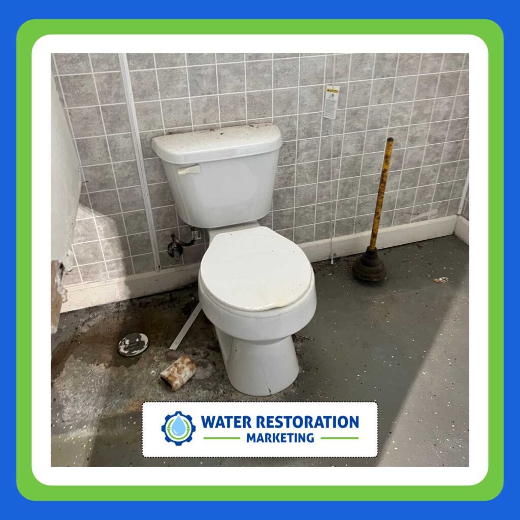 Overflow of toilet with water damage on floor