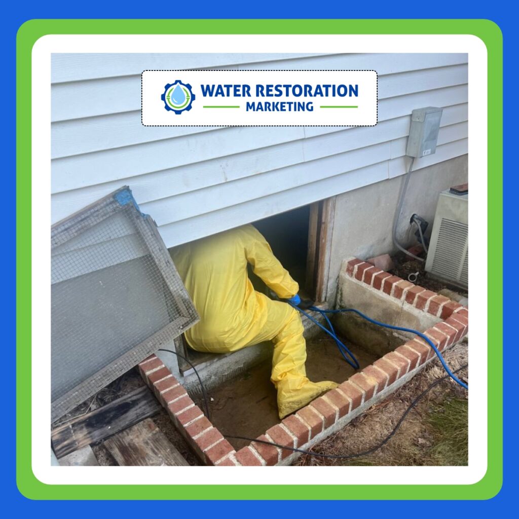 Person in yellow suit entering basement to assess water/mold damage