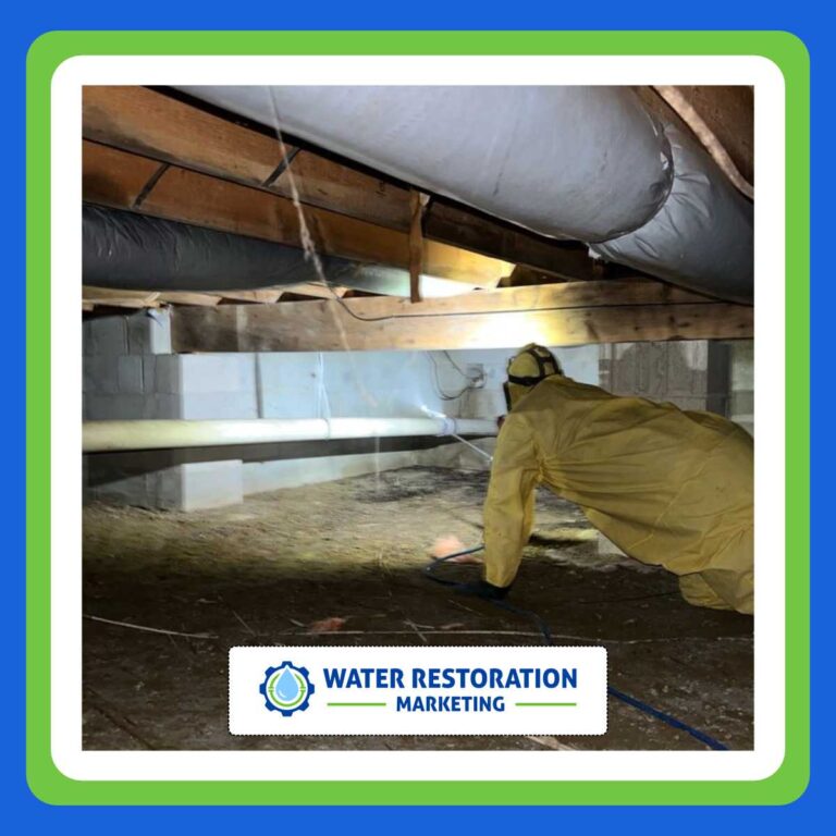 Worker inspecting water damage beneath house