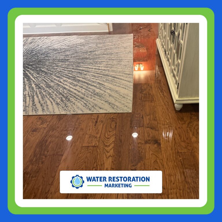 Water on wooden floor with a decorative rug