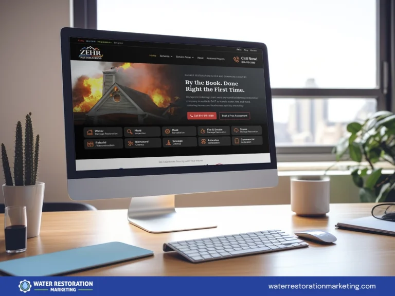 Laptop on a table with client's website homepage pulled up