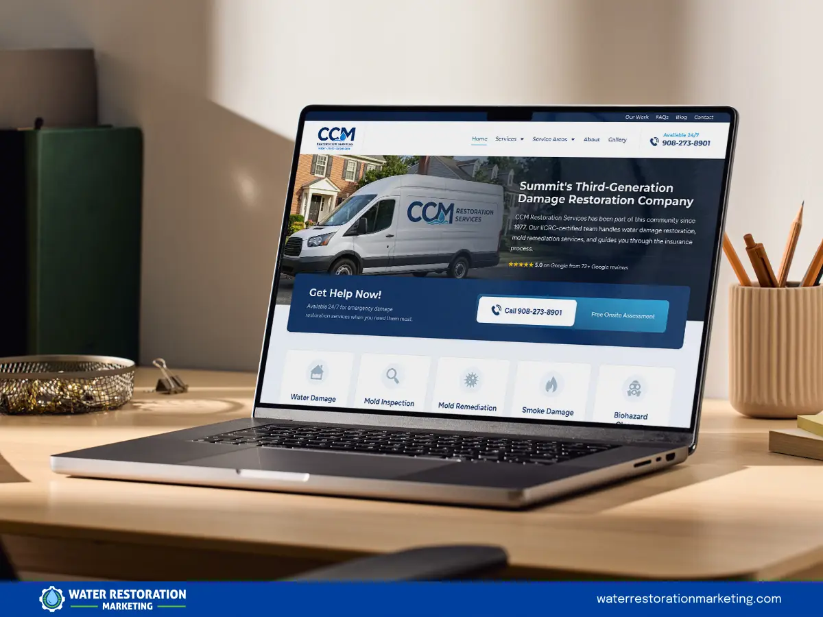Laptop on a table with client's website homepage pulled up