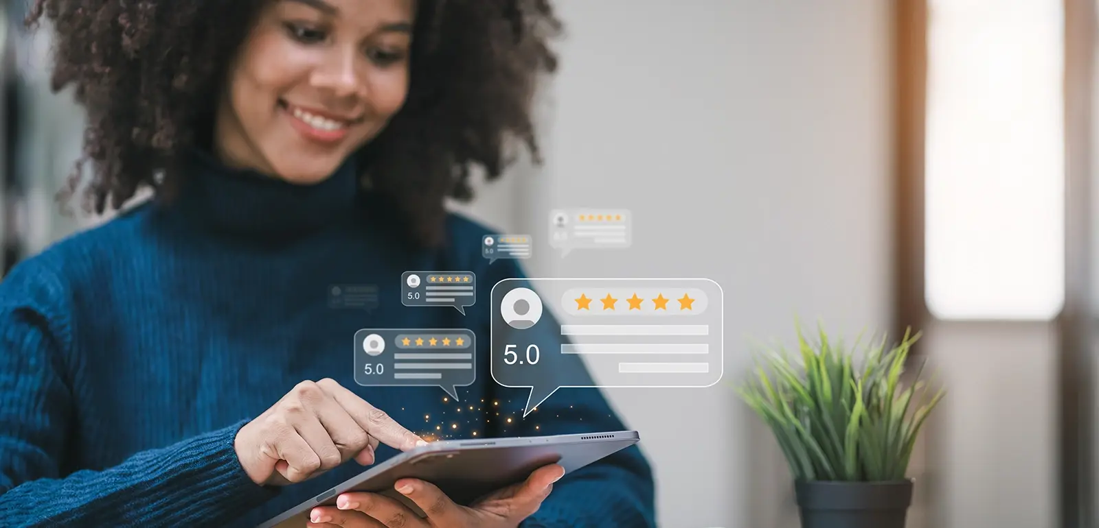 Close up of woman leaving a review, prompted by mold remediation reputation management campaign