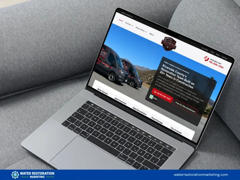 Laptop on a table with client's website homepage pulled up