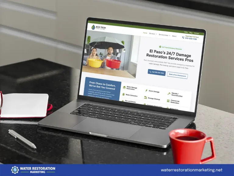 Laptop on a table with client's website homepage pulled up