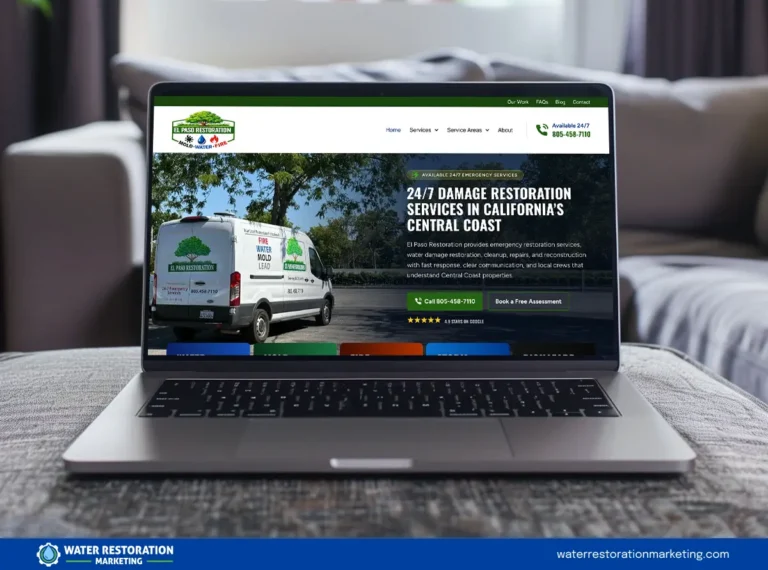 Laptop on a table with client's website homepage pulled up
