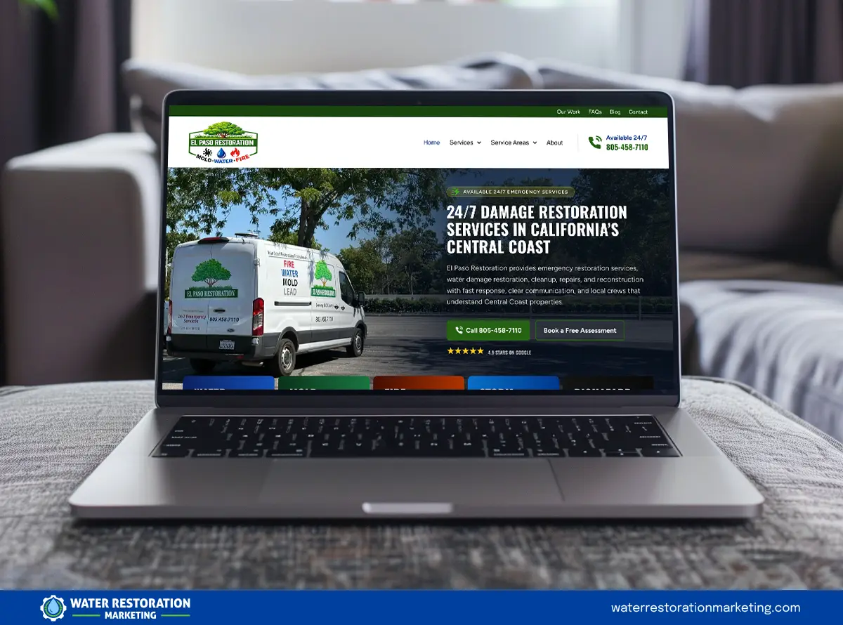 Laptop on a table with client's website homepage pulled up