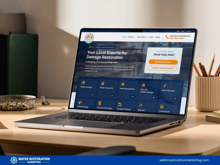 Laptop on a table with client's website homepage pulled up