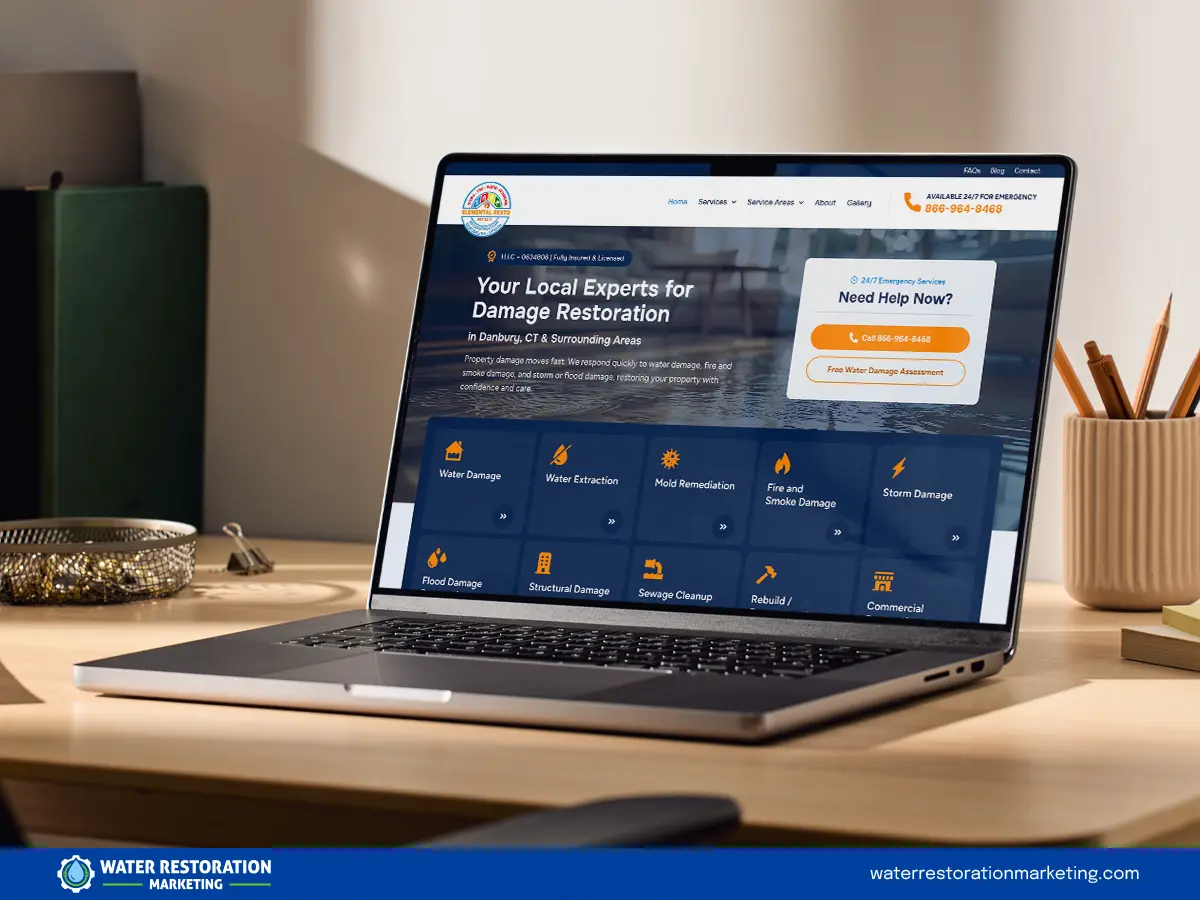 Laptop on a table with client's website homepage pulled up