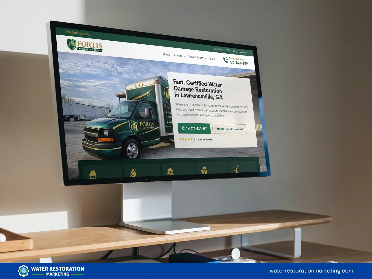 Laptop on a table with client's website homepage pulled up